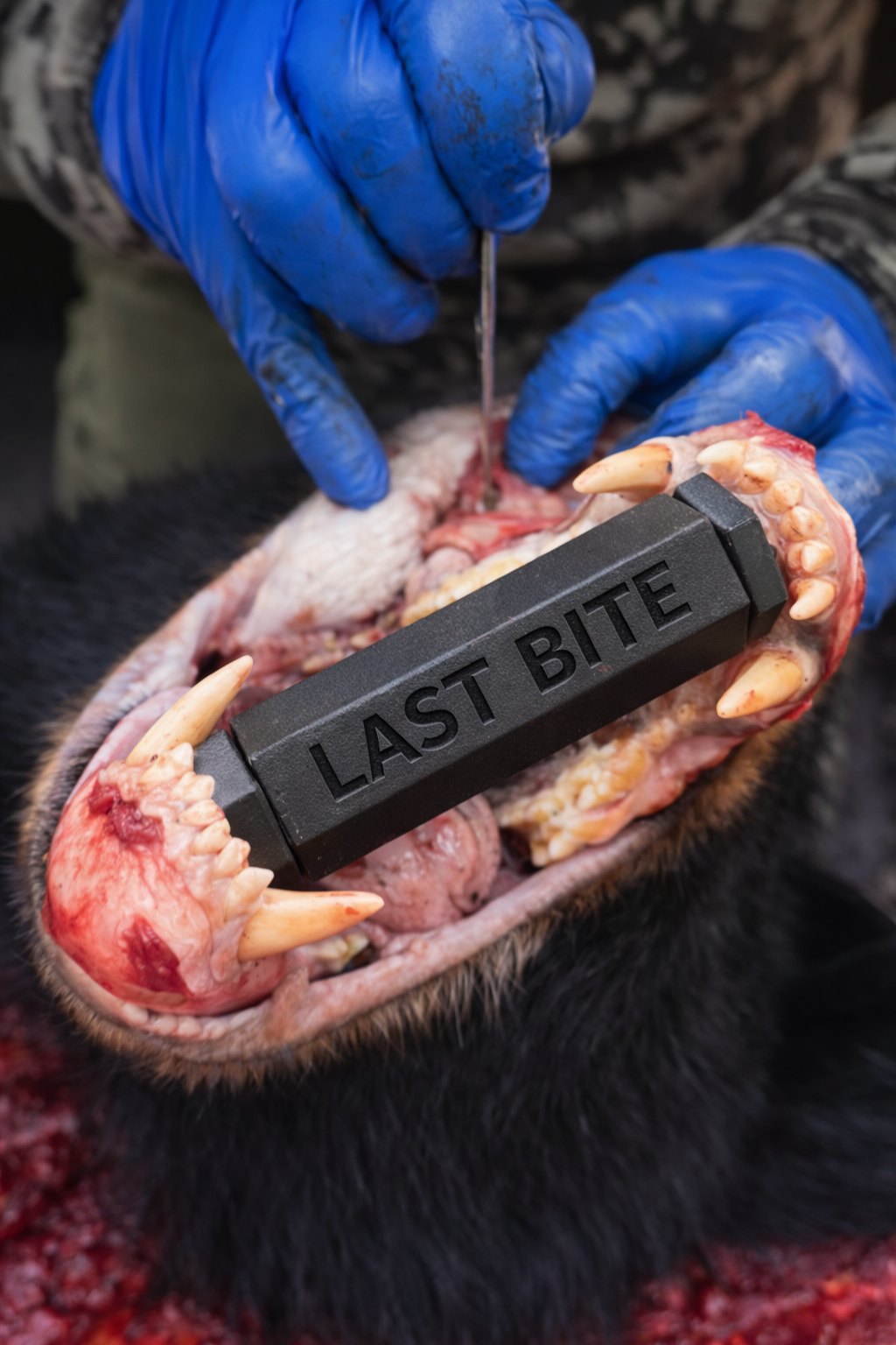 Hunter in nitrile gloves inspecting a harvested black bear, Last Bite jaw tool engraved LAST BITE propping the mouth open for examination