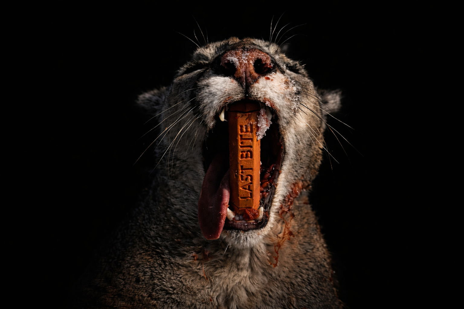 Mountain lion with a burnt-orange Last Bite Pro jaw tool propping its mouth open