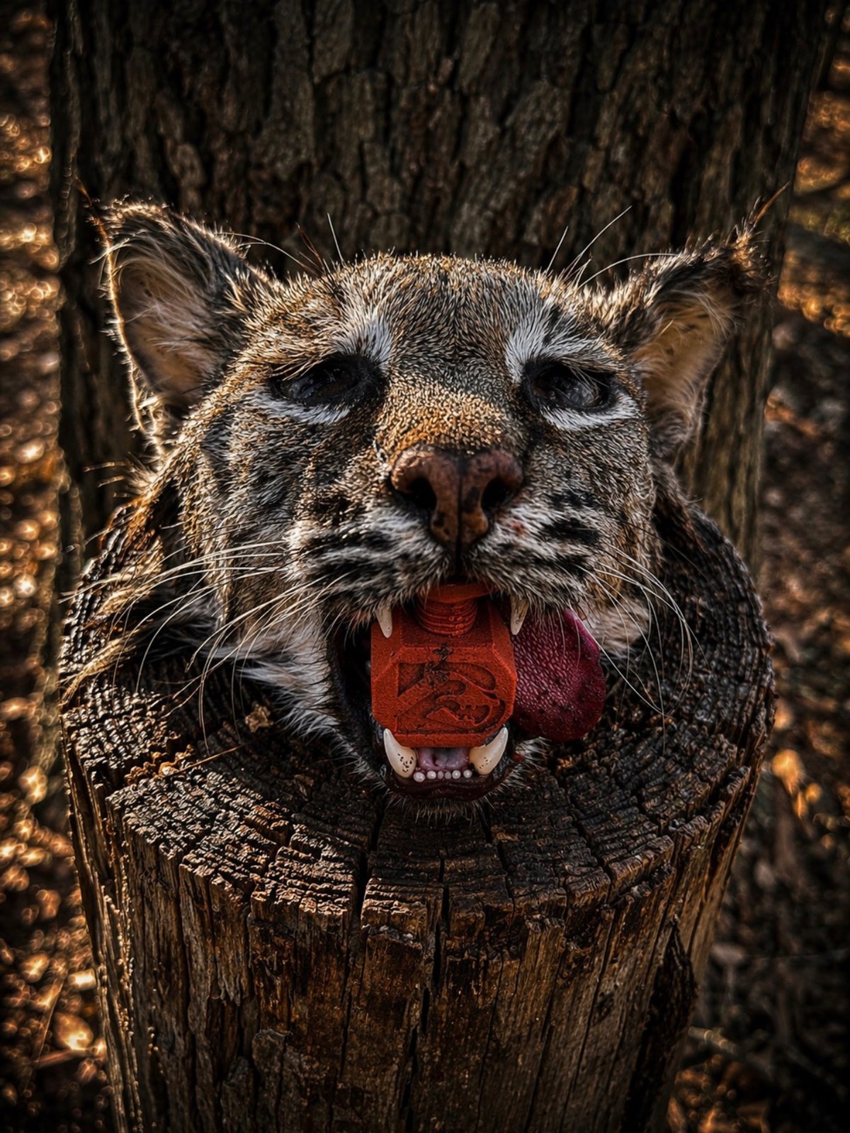 Bobcat head on tree stump with Brick Red Last Bite tool