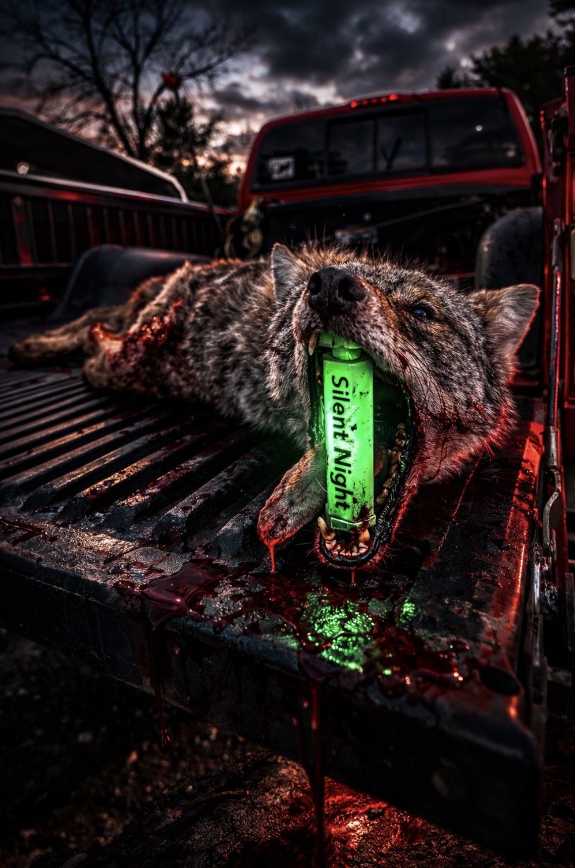 Coyote in truck bed with Glow-in-dark Last Bite tool engraved Silent Night