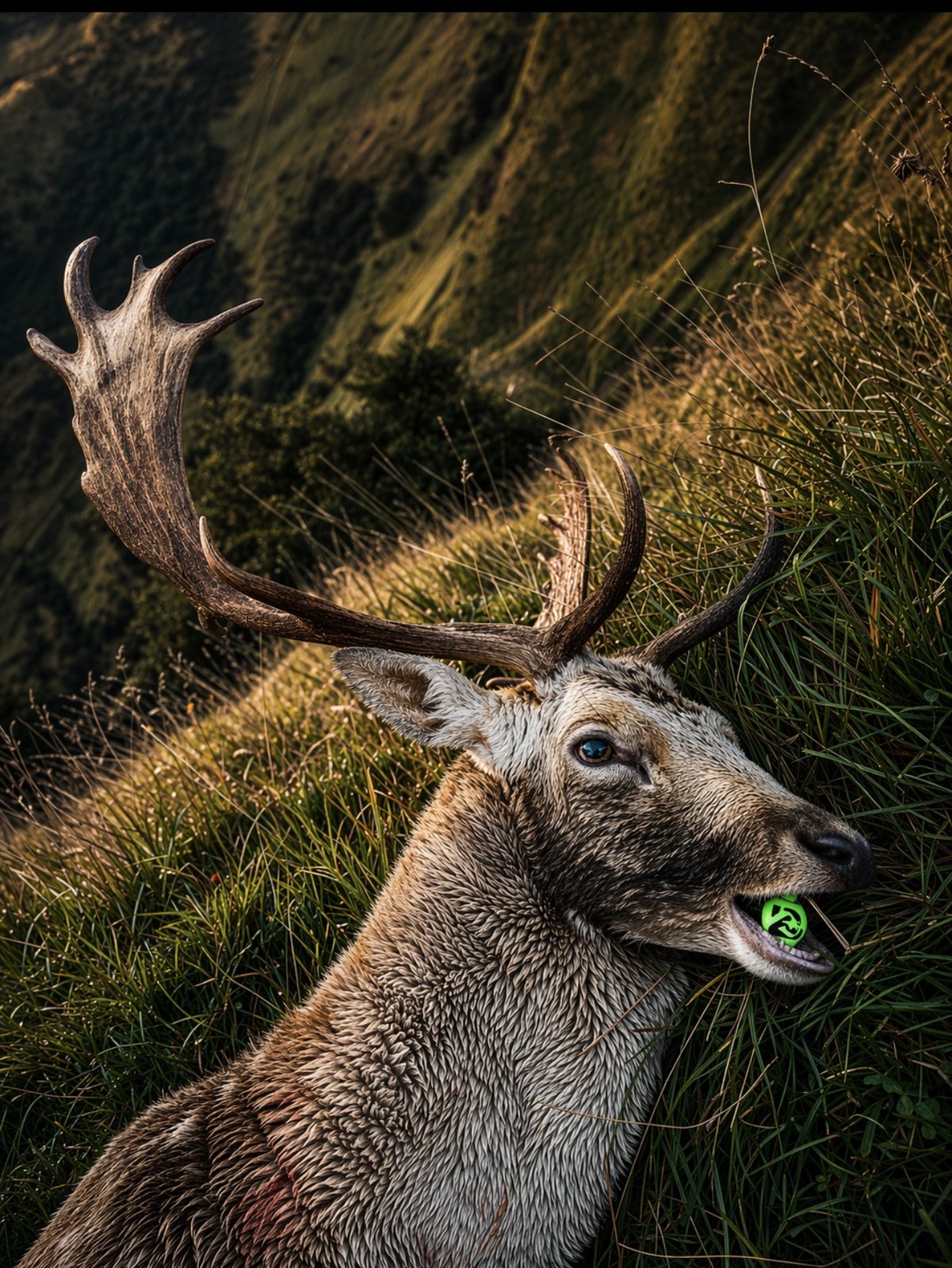 Fallow-style buck on golden-hour mountainside with Malachite green Last Bite tool