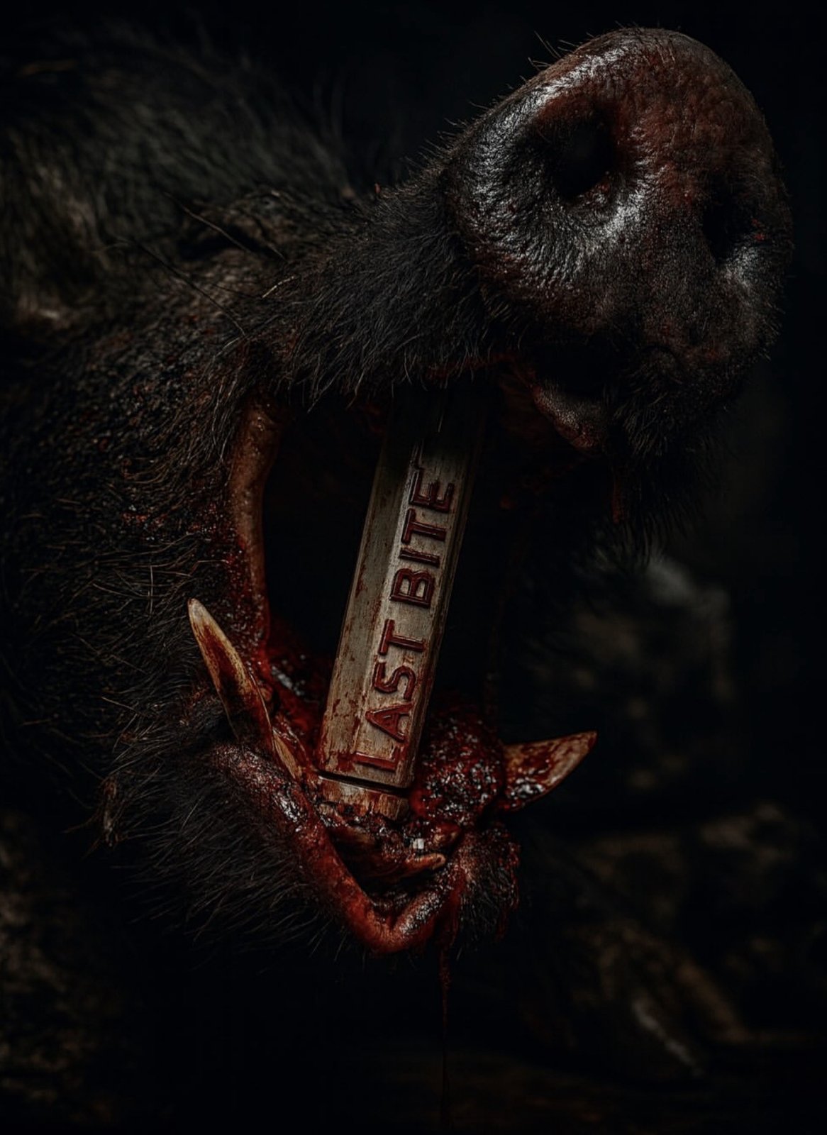 A wild hog with its mouth propped open by a Bone White Bite limited-edition tool, photographed by pro staff member @maddoxthe1st